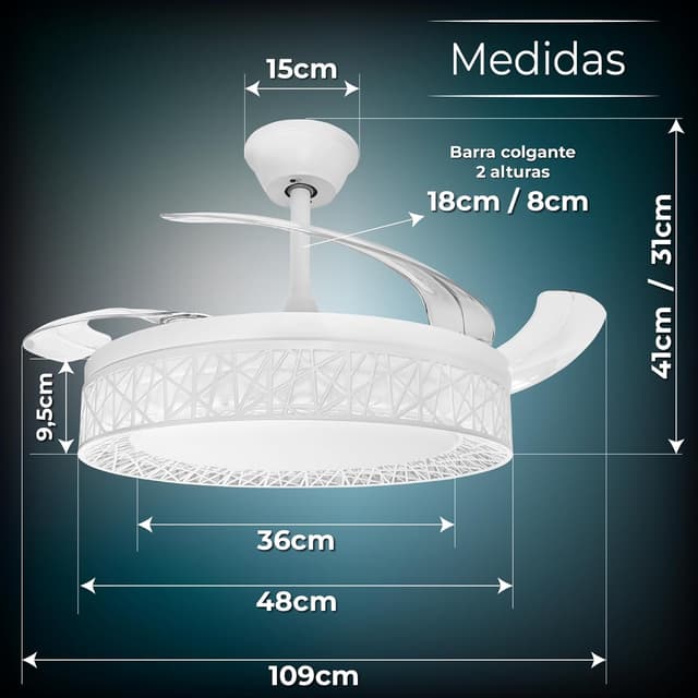 Detalle de LED ATOMANT ventilador de techo con luz LED 40W, motor DC 32W y 4 aspas retráctiles de Ø109 cm
