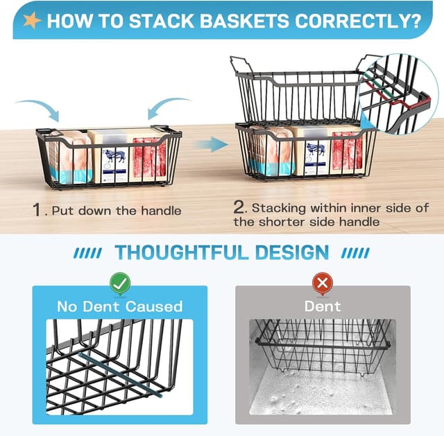 Detalle de SUNALLY Freezer Organizer Bins (4-Pack) — Stackable Chest Freezer Storage Baskets with Handles, Black