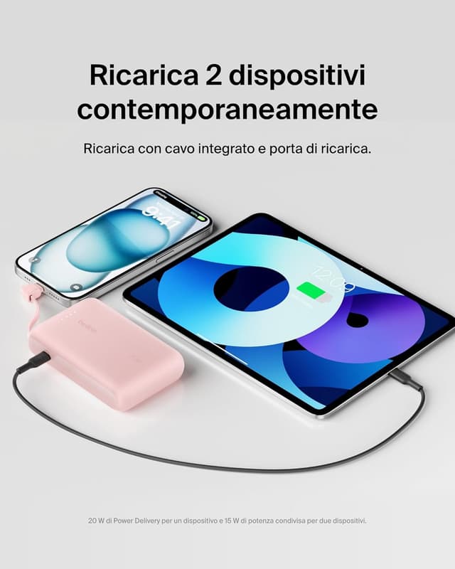 Detalle de Belkin BoostCharge power bank 10.000 mAh con cavo USB‑C integrato e uscita 20 W PD