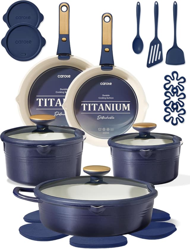 Detalle de CAROTE 22-Piece Titanium Cookware Set with Detachable Handle (Blue)