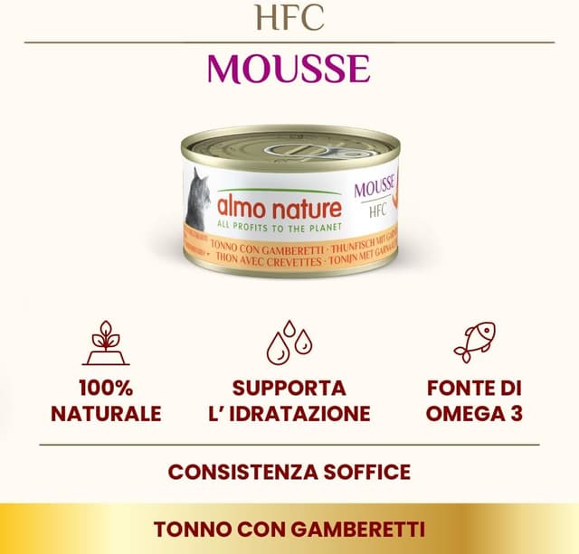 Detalle 2 de Almo Nature HFC Mousse per gatti: tonno con gamberetti in formato 70 g (confezione da 24)