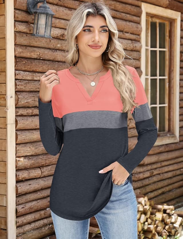 Detalle 2 de EFFAN Women’s Basic V-Neck Long Sleeve Striped & Colour Block Top (S–XXL)