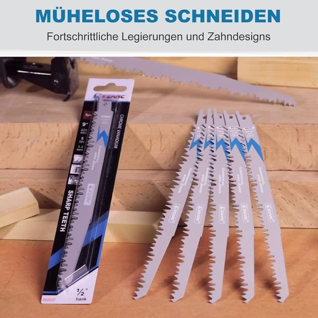 Detalle de EZARC Säbelsägeblätter-Set R931GS (5-teilig) für Holz, 225 mm, 5 TPI – Zubehör für schnelle Schnitte
