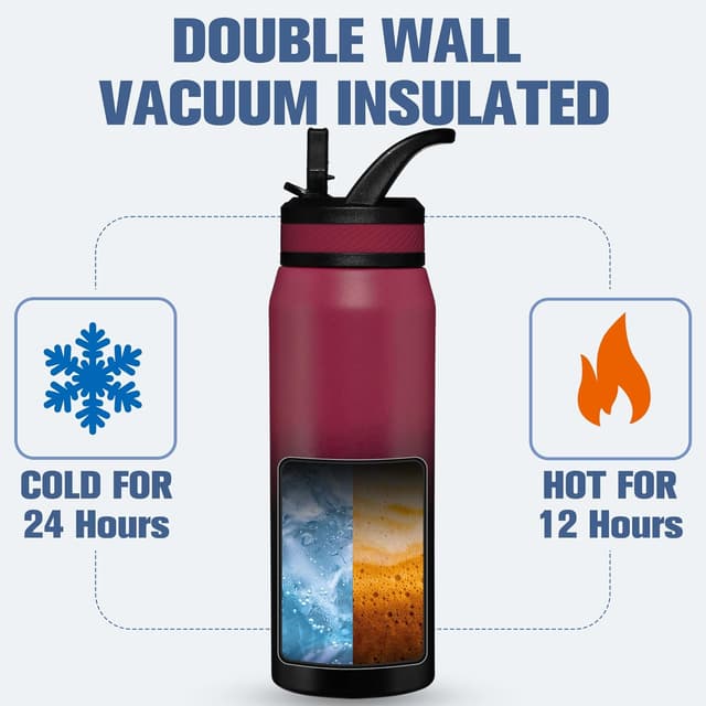 Detalle de OLDLEY 750ml insulated water bottle with straw and 3 lids (stainless steel, BPA-free)