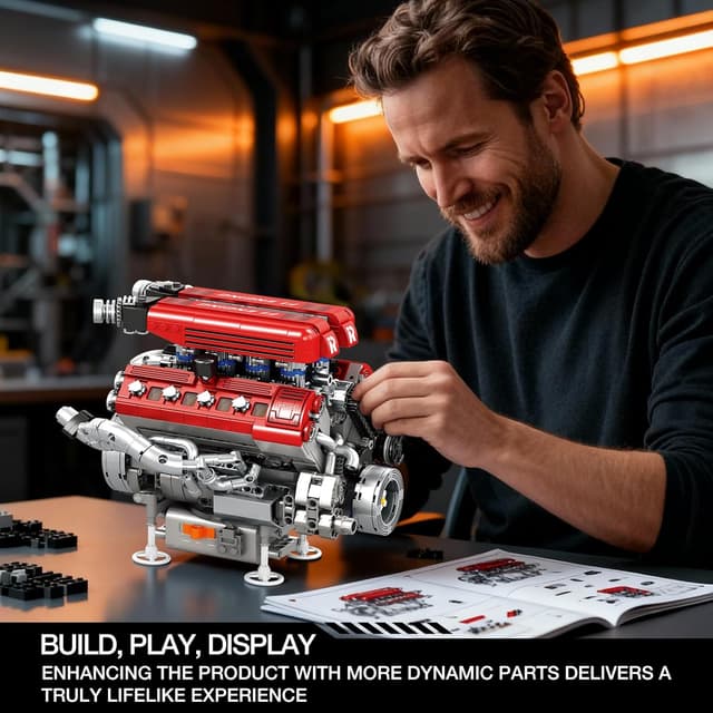 Detalle 2 de Reobrix Kit de construction mécanique V8 pour adultes – 1101 pièces avec mouvement moteur réaliste