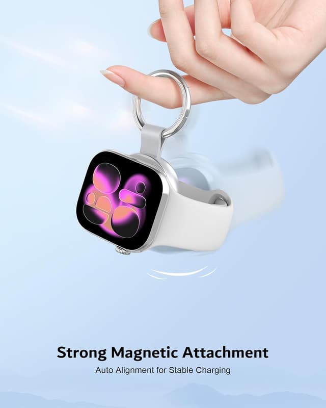 Detalle de imodomio Charger with Keyring for Apple Watch – Travel Portable Magnetic Charger with USB-C & iPhone Power Port