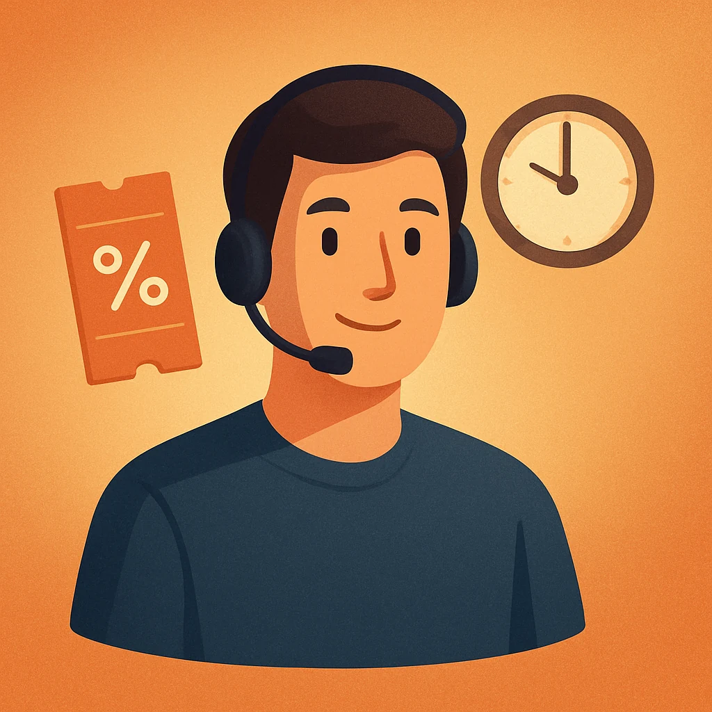 ilustración de agente de soporte con icono de cupón