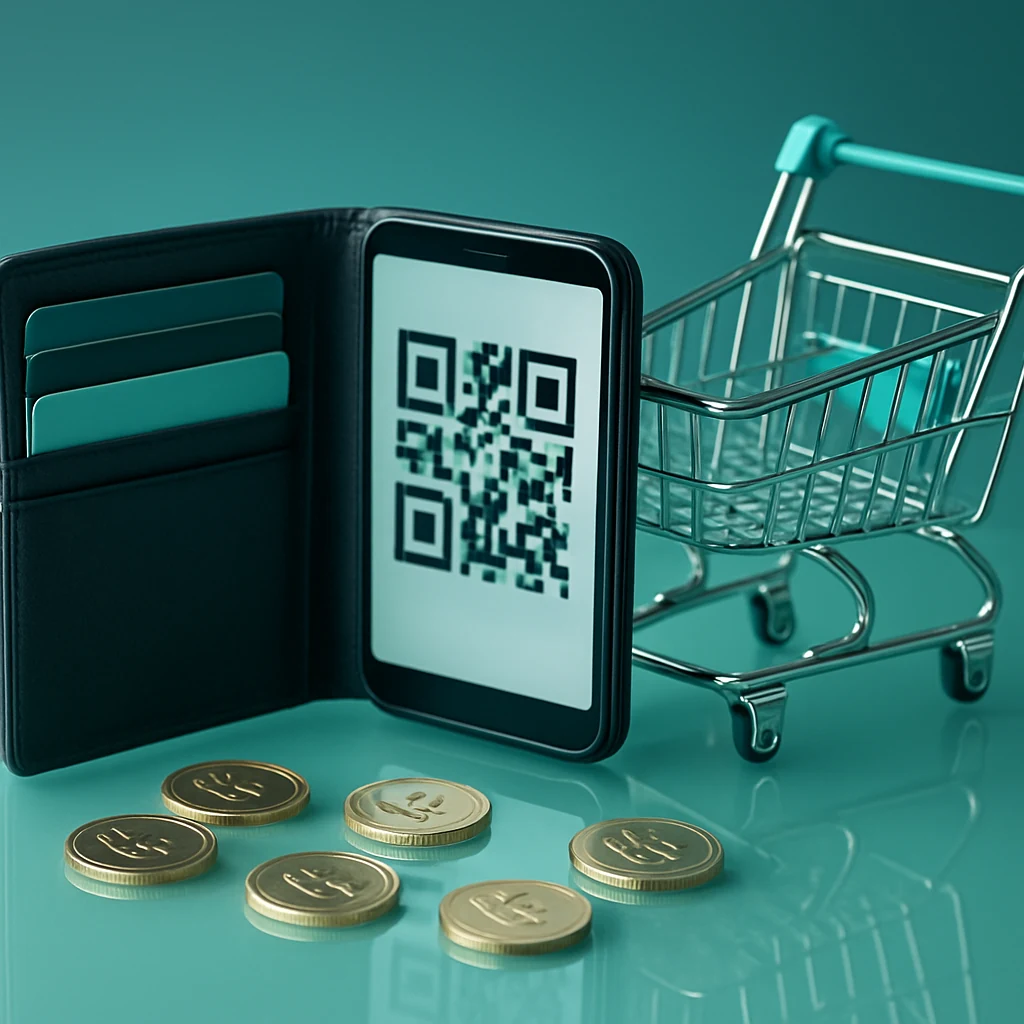 Ilustración de monedero digital y carrito de compra