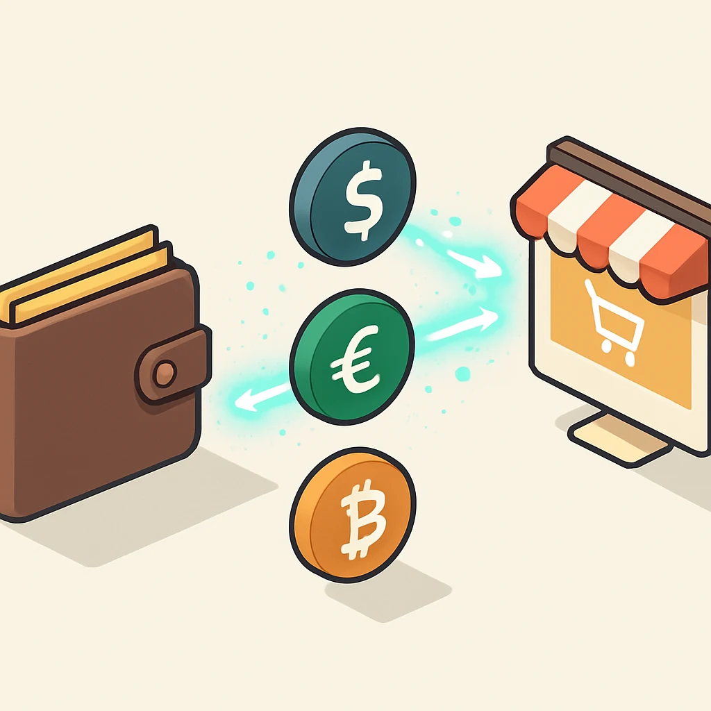 Ilustración de flujos de pago con redes y tarjetas