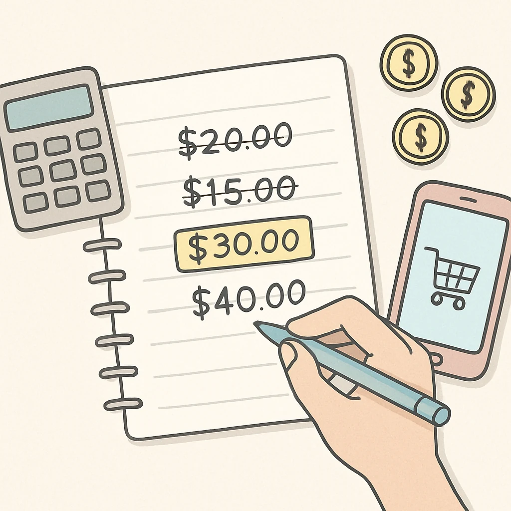 Persona tachando precios en una libreta con diferentes rangos objetivo