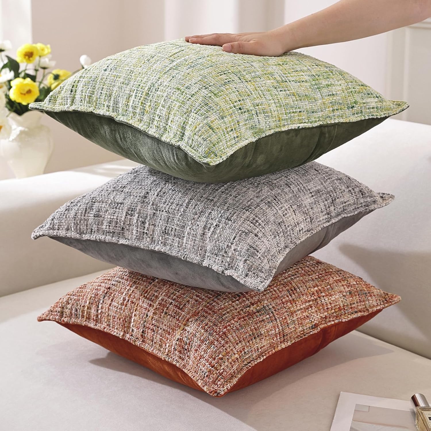 Thumbnail 5 de Ystyle housse de coussin luxe en chenille, lot de 2 (50x50 cm) fermeture éclair cœur, vert