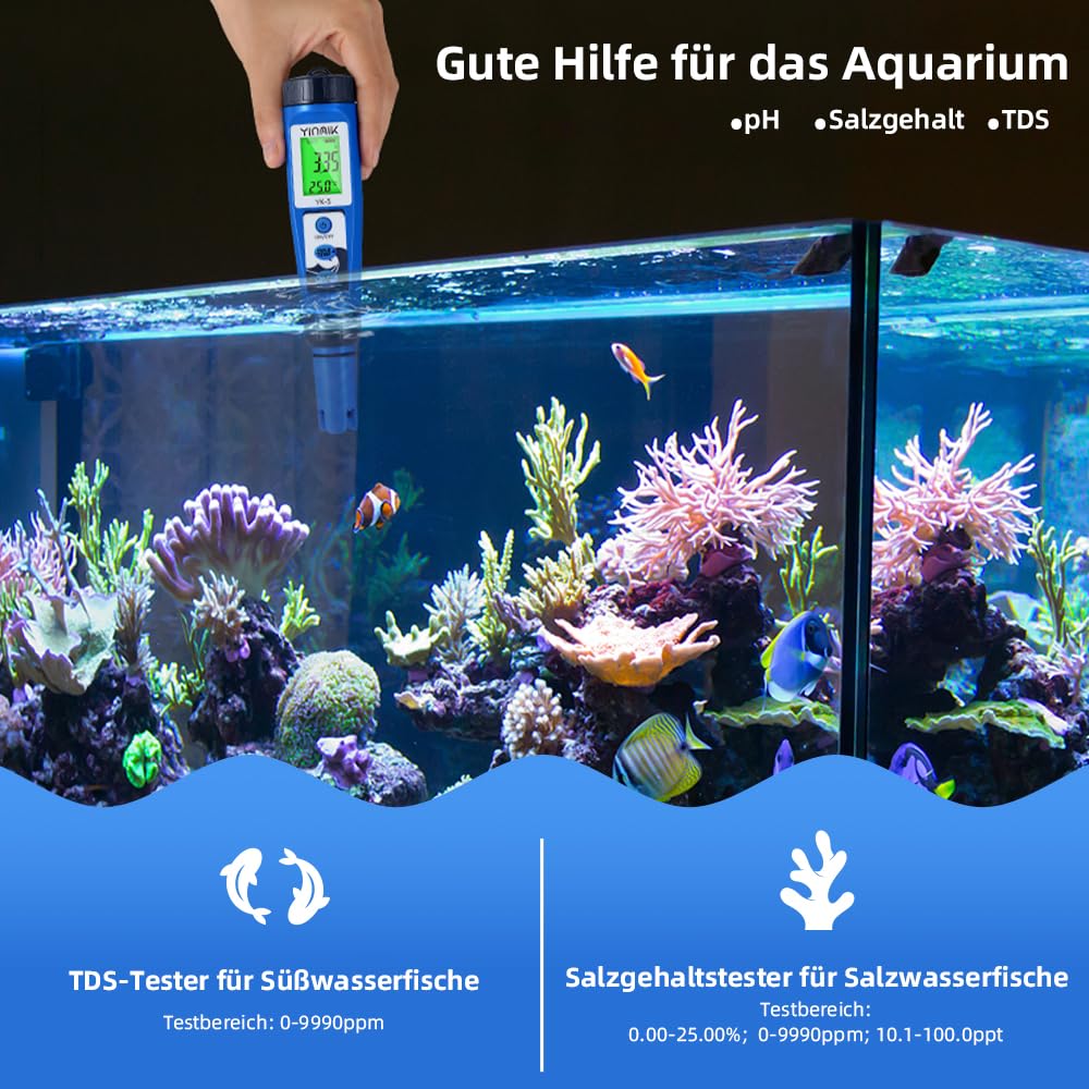 Detalle de Salzwasser Pool Messgerät 5 in 1 – pH, TDS, EC, Salzgehalt und Temperatur mit LCD-Display