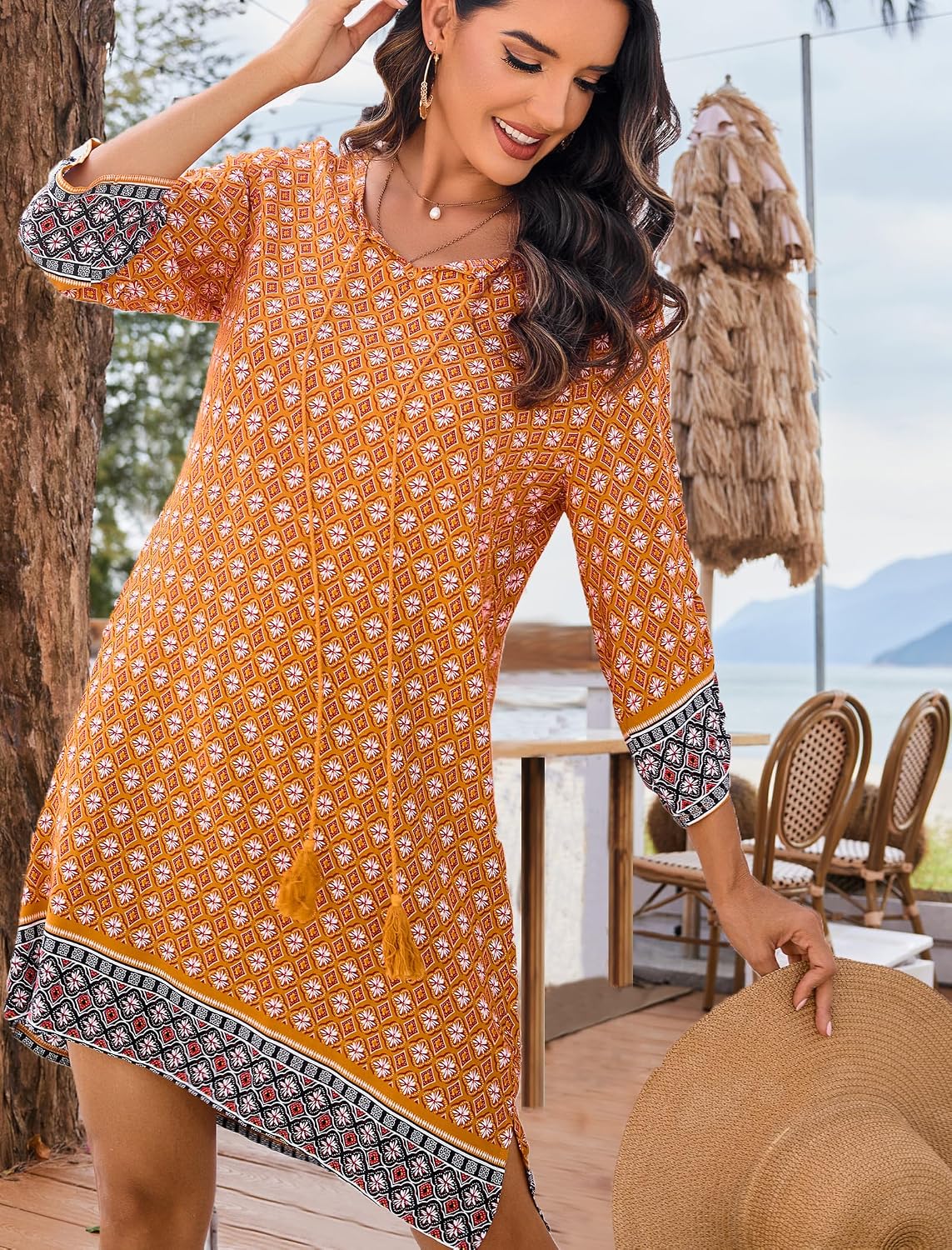 Detalle 2 de Zeagoo Robe d'été pour femme — robe bohème, manches 3/4 et coupe décontractée