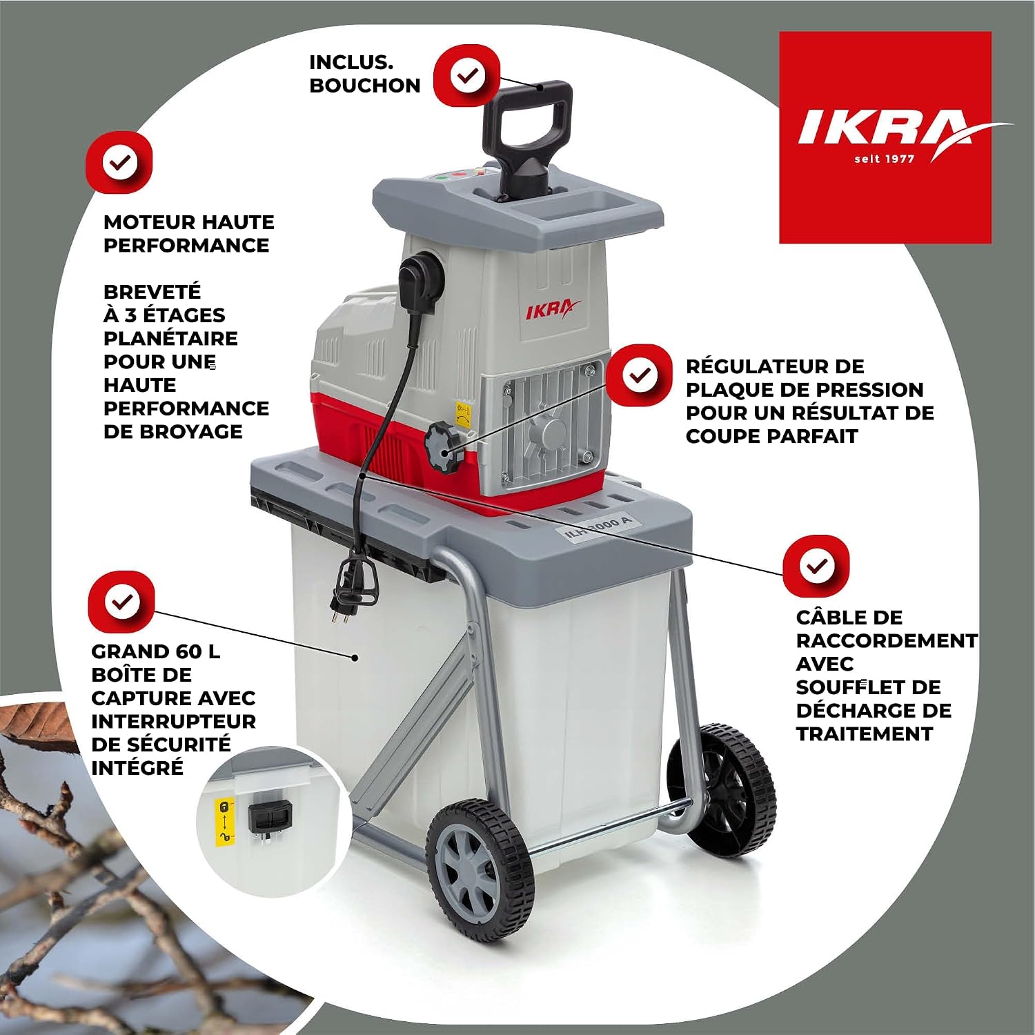 Detalle de Ikra ILH 3000A – Broyeur silencieux électrique 3000W, alimentation automatique