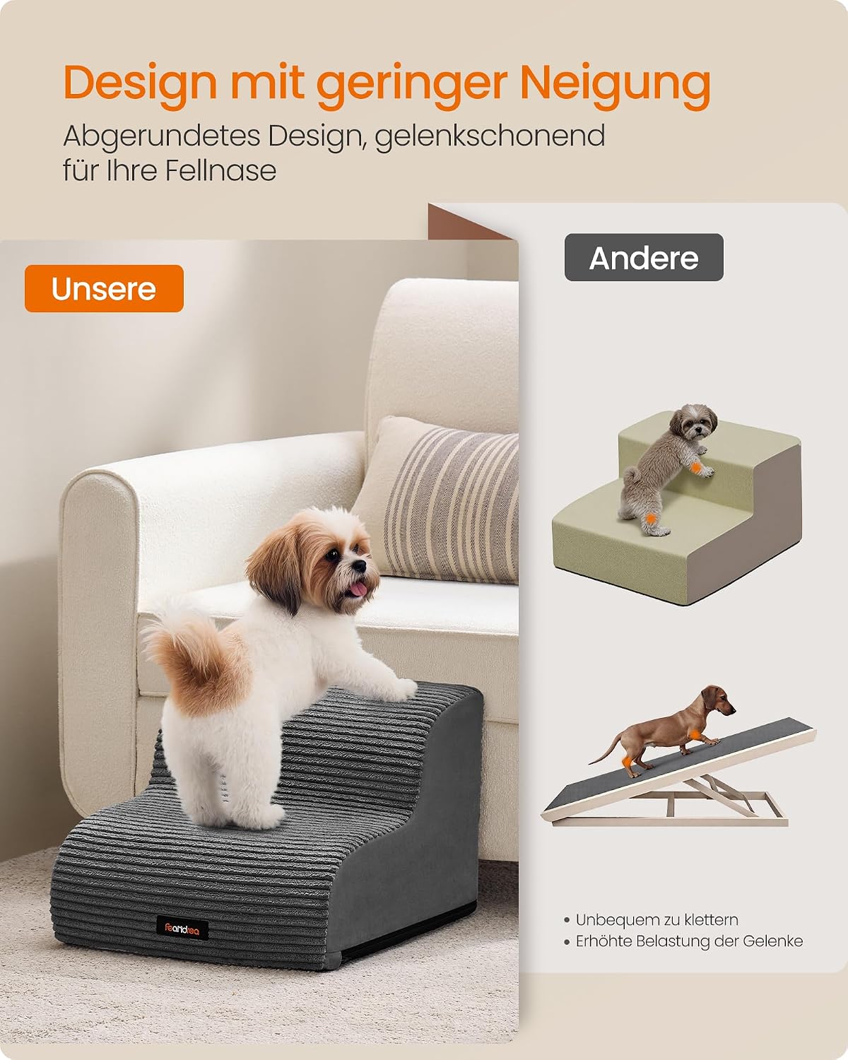 Detalle de Feandrea Hundetreppe mit 2 Stufen (schiefergrau) – wasserdicht, rutschfest, abnehmbarer & waschbarer Bezug, geringe Neigung PPS002GN01