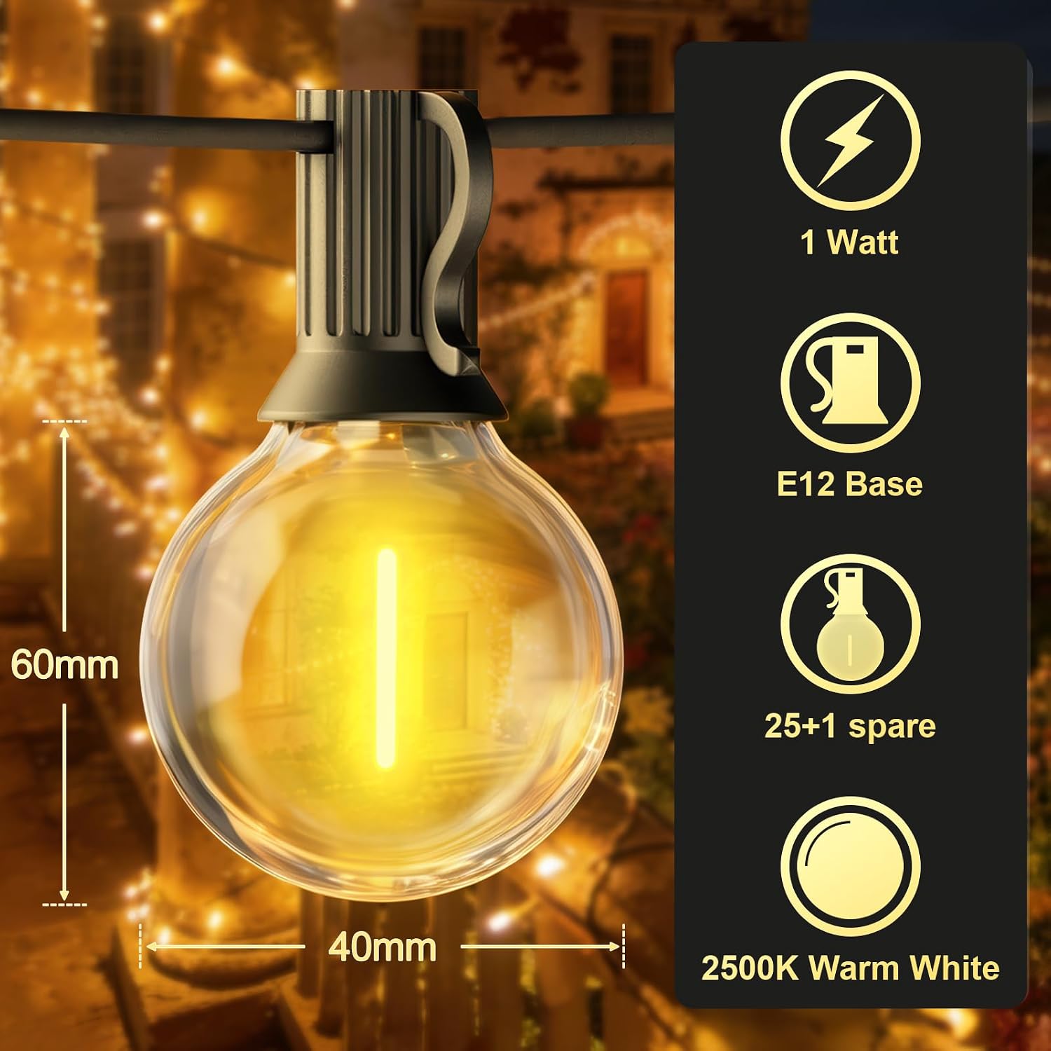 Thumbnail 4 de Catena Luminosa Esterno 30 Metri BokiHuk — con telecomando dimmerabile e 50+2 lampadine G40 LED per giardino e patio