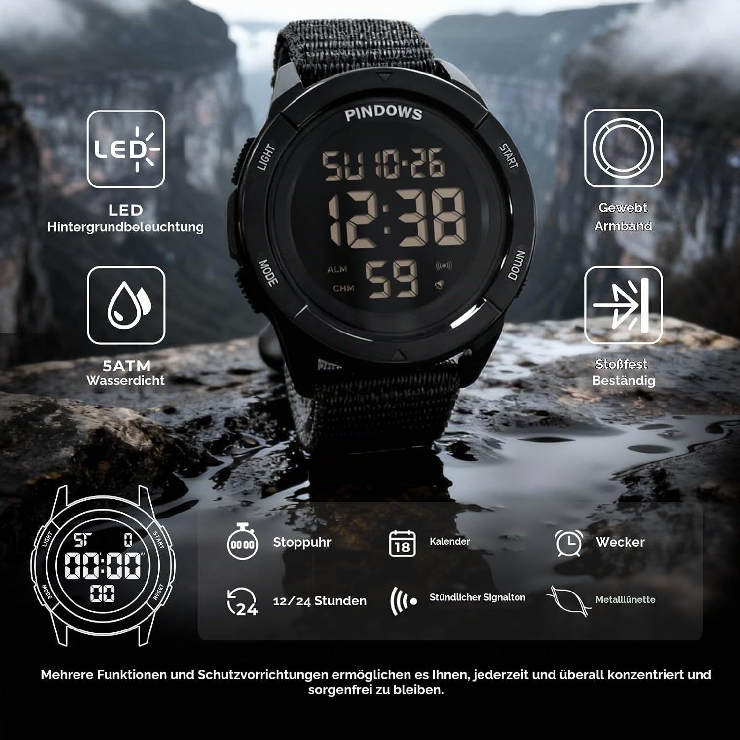 Detalle de PINDOWS Herren Digitaluhr – Militär, Outdoor & Sport, 50 m Wasserdicht