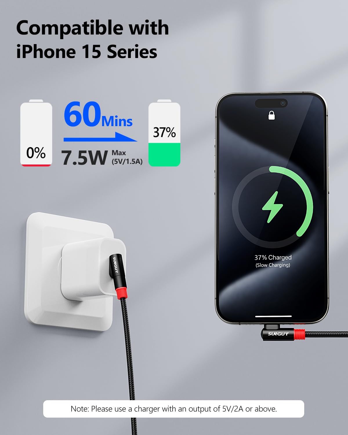 Detalle de SUNGUY USB-C Kabel im 2er-Pack, 1,8 m & 2 m – 90° Winkel, 3A, Nylon-Ummantelung, USB 2.0 Daten/18W Schnellladung