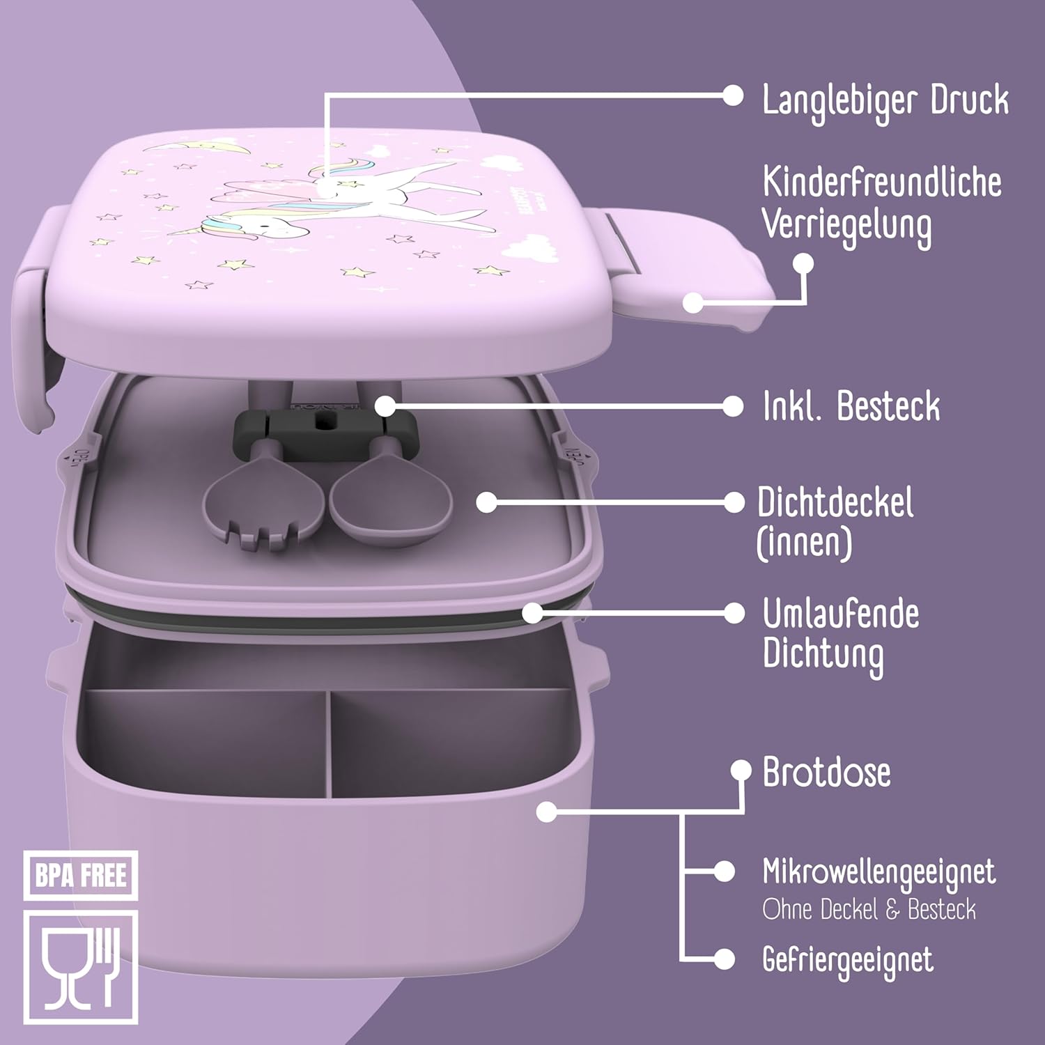 Thumbnail 3 de BEARFOOT Kinder-Brotdose BPA-frei mit Fächern (Einhorn) – 100% auslaufsicher