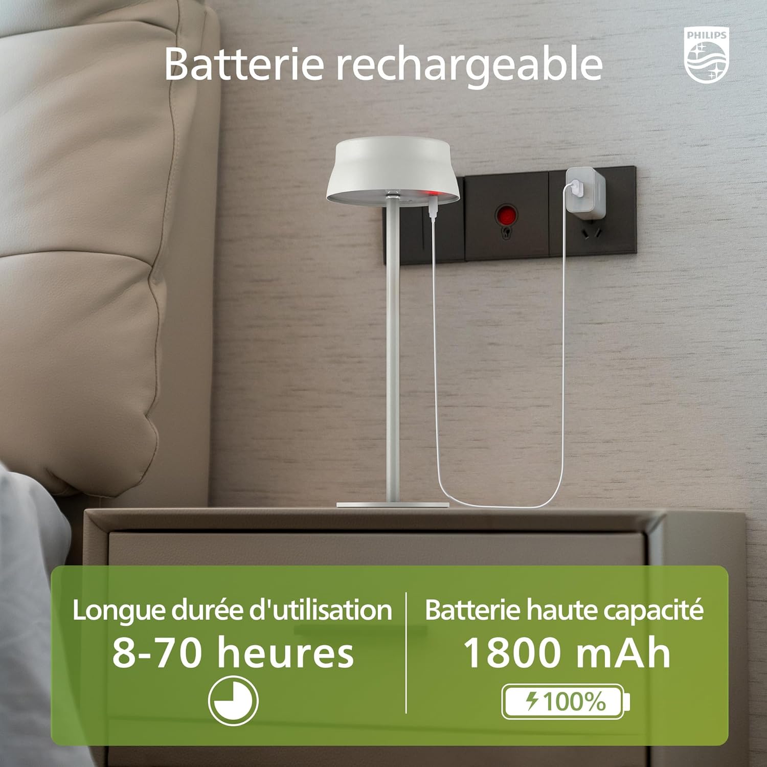Thumbnail 4 de Philips Lampe de table LED sans fil portable étanche à batterie rechargeable – 2 hauteurs, contrôle tactile et 3 couleurs