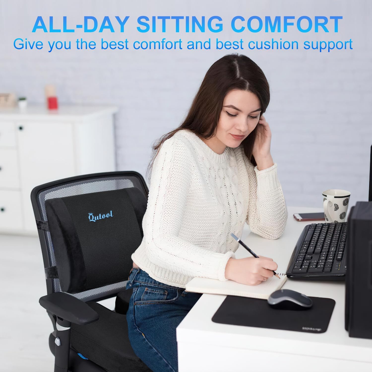 Thumbnail 4 de Qutool Office Chair Cushion and Lumbar Support Cushion set with non-slip base