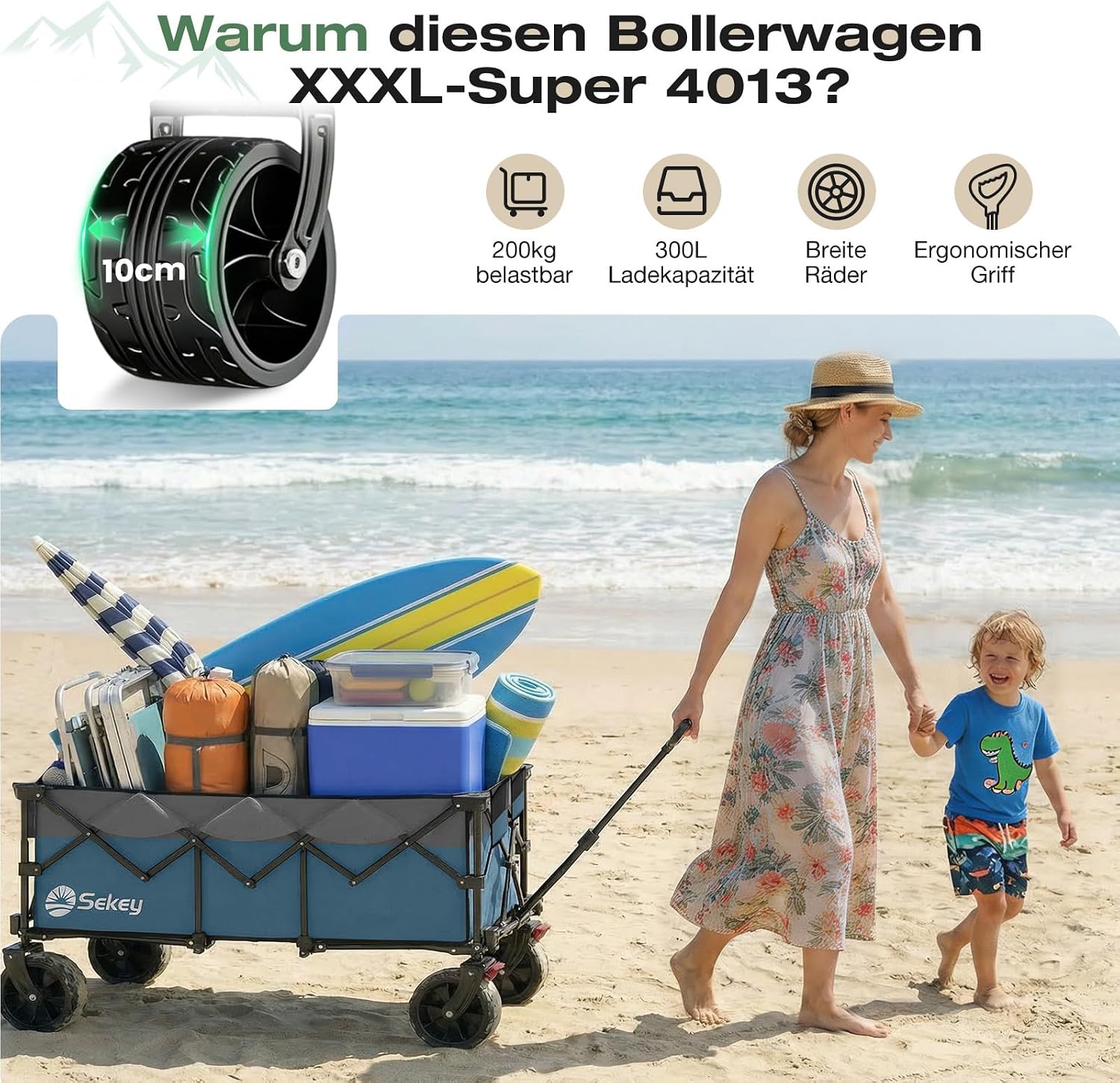 Detalle 2 de Sekey XXXL faltbarer Bollerwagen mit 300 l und 200 kg Tragkraft – verlängertes Modell, All-Terrain-Räder, blau/grau