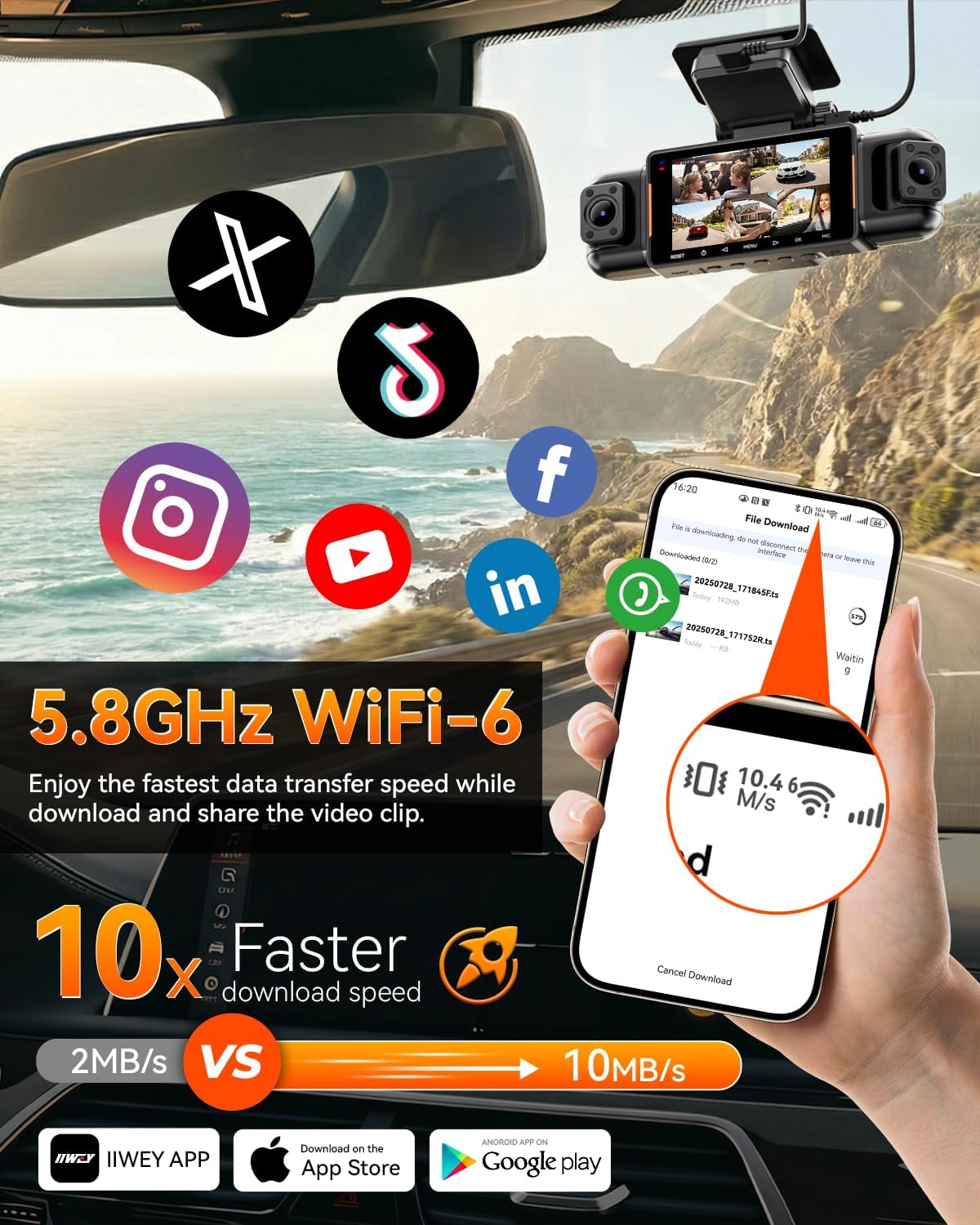 Detalle 2 de IIWEY N9 5-Channel Dash Cam with 360° View: 5.8G WiFi-6, 128GB Included, Night Vision & GPS