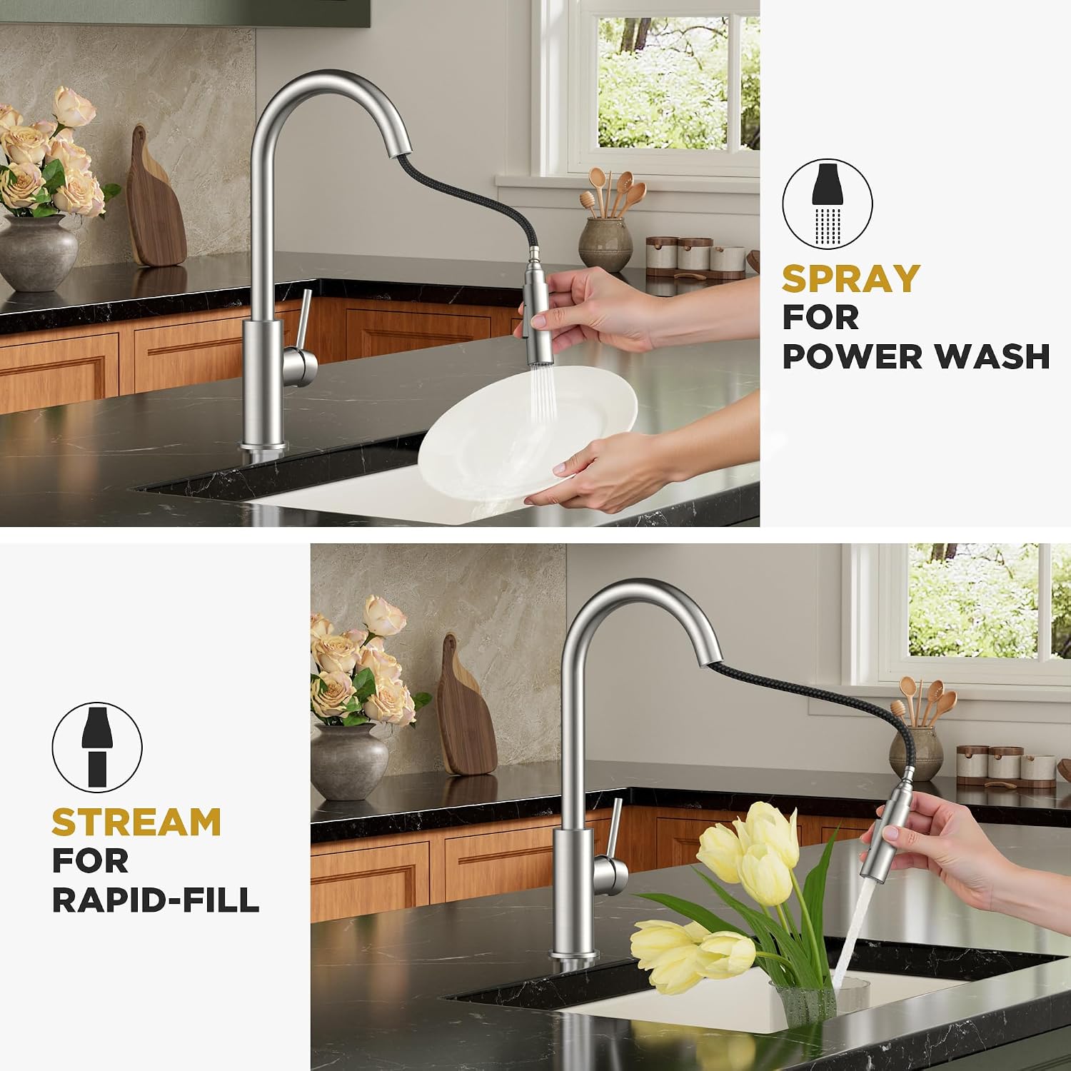 Detalle 2 de FORIOUS FF0200BN Pull-Down Kitchen Faucet, Brushed Nickel, High-Arc Spout