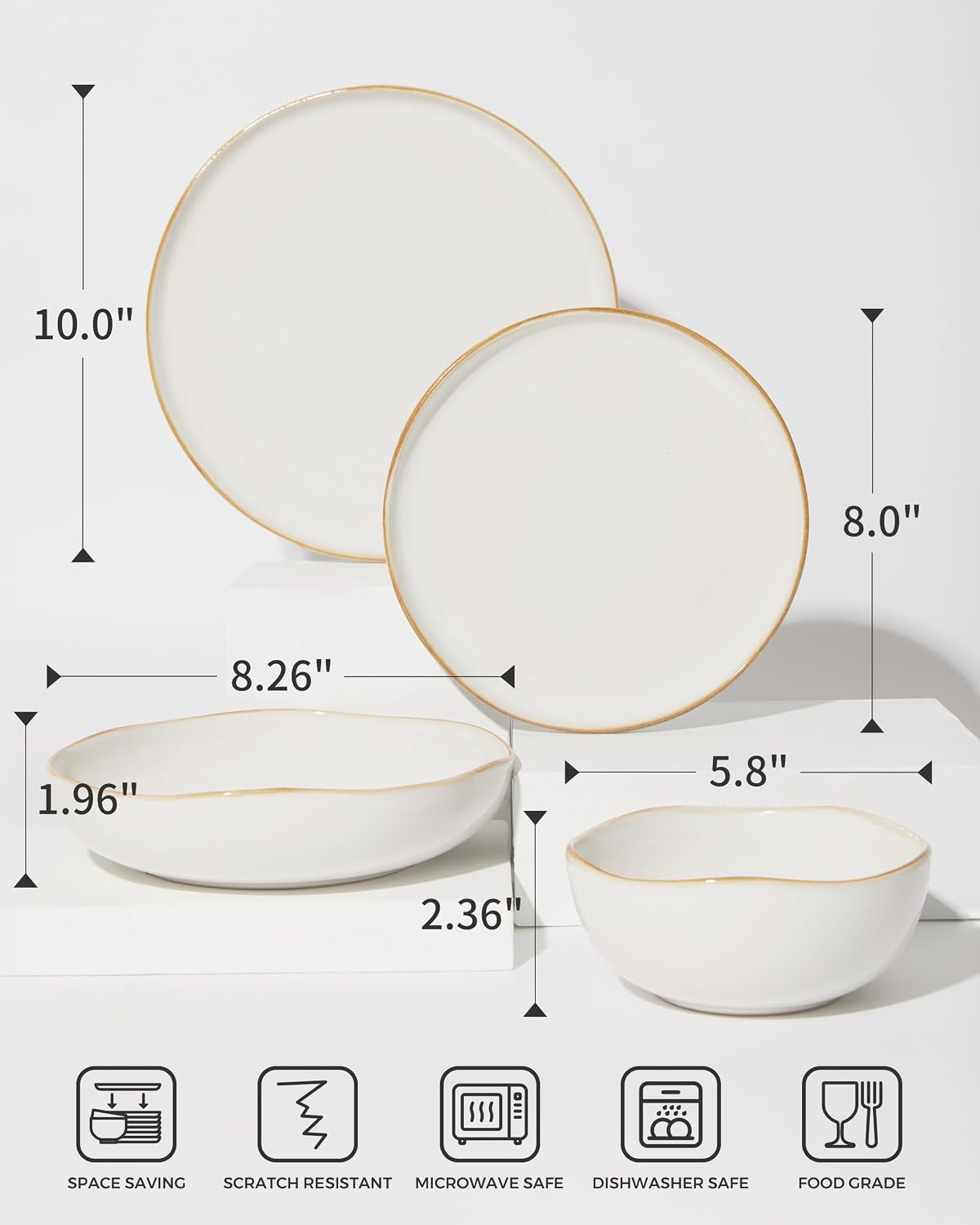 Detalle de Pokini 24-Piece Dinnerware Set for 6 with Pasta Bowls — Complete White Stoneware, Stackable & Glossy