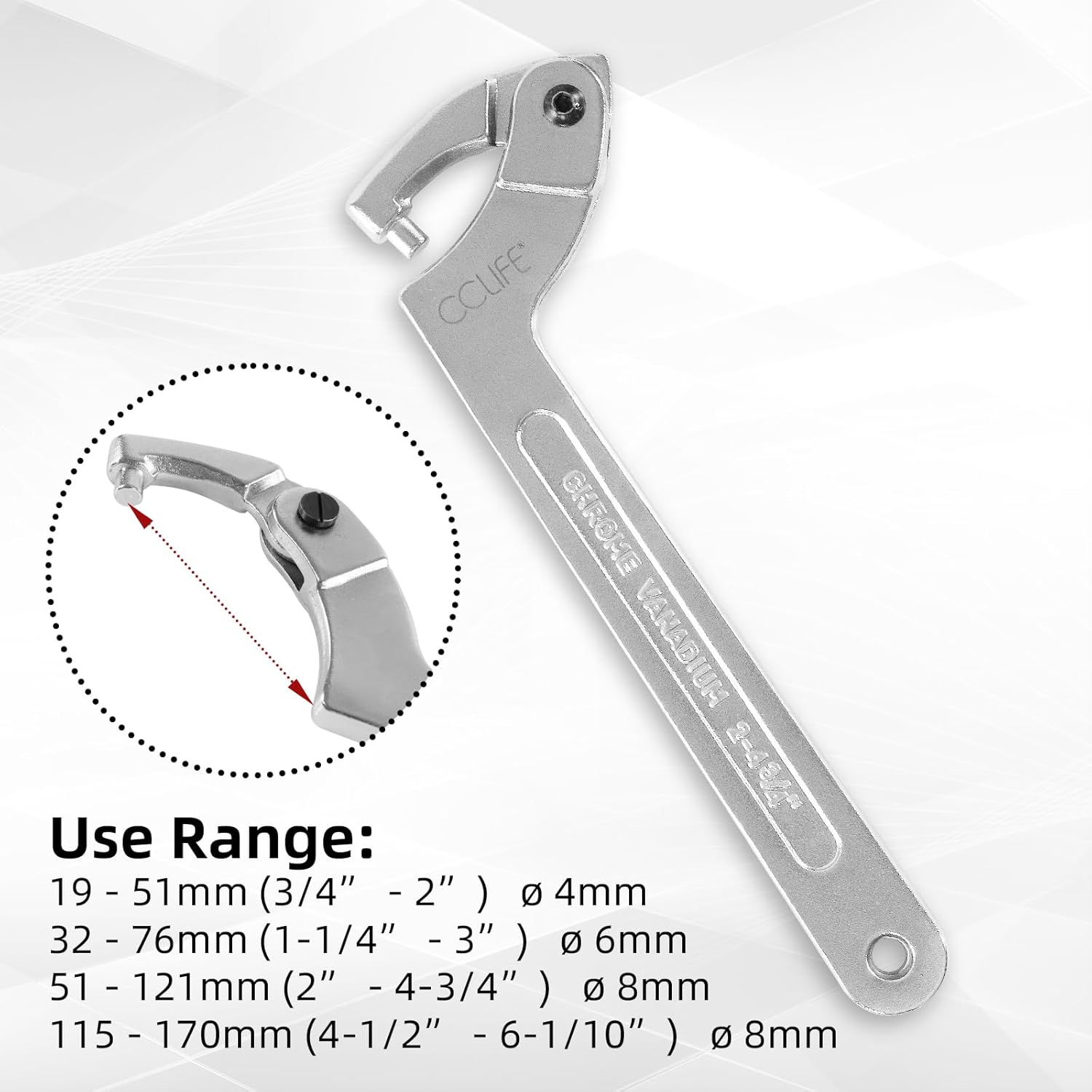 Detalle de Clé à ergot articulée CCLIFE 4 pièces pour écrous à encoches latérales – CR-V 19-170 mm