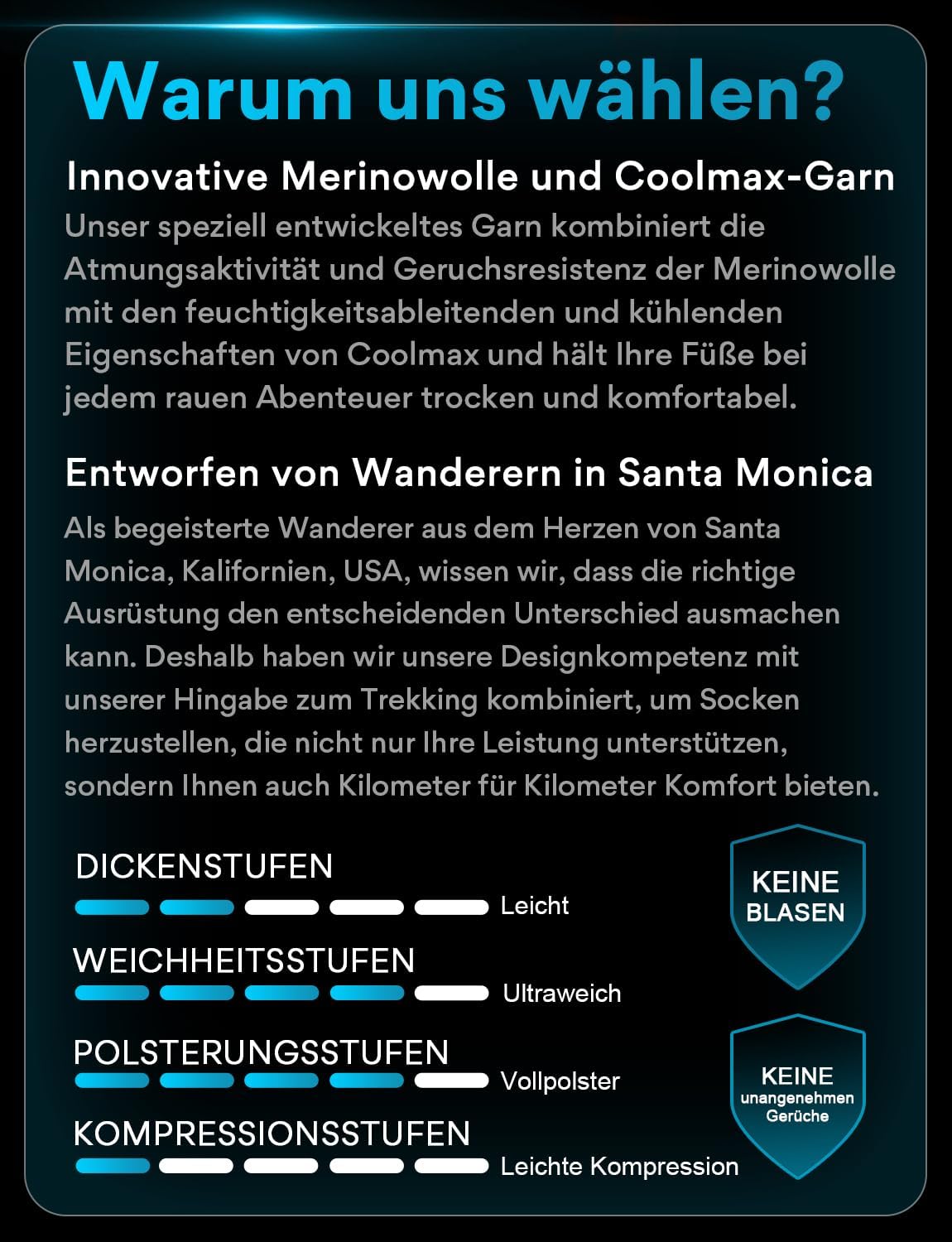 Detalle 2 de Juclise Sommer Merinowolle Wandersocken für Herren – Kompression, Anti-Blasen-Schutz, atmungsaktiv
