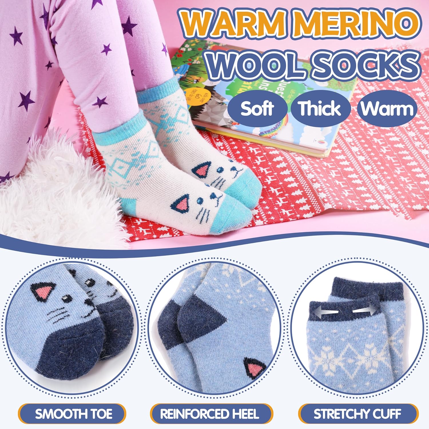 Detalle de ANTSANG Kids Merino Wool Hiking Socks, 6 Pairs, Full Cushioning