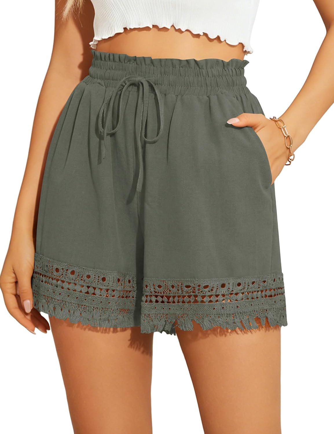 Detalle de Rapbin Kurze Hose Damen Sommer – Hohe Taille, elastischer Bund, Taschen & Spitzenverzierung