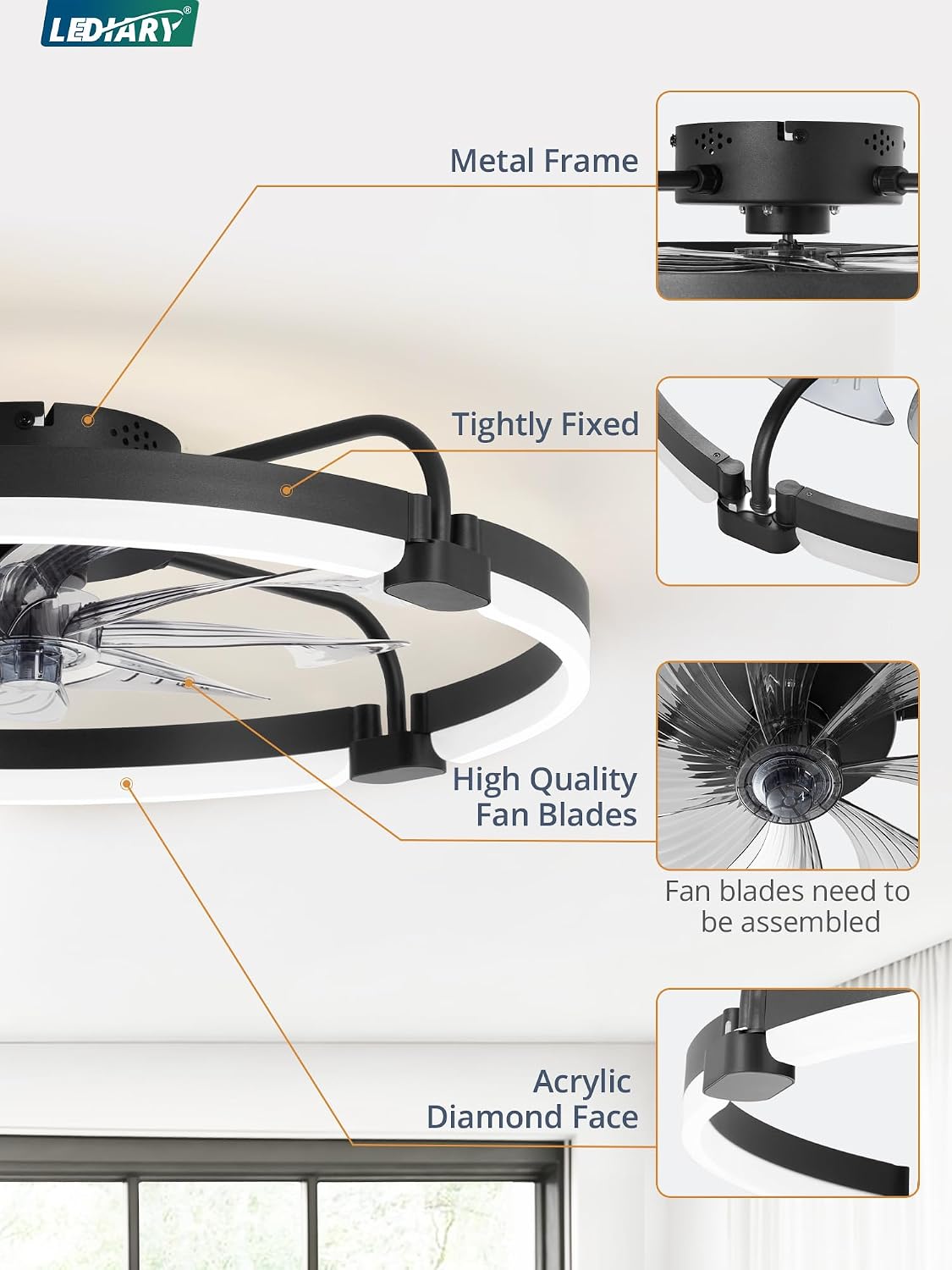 Thumbnail 6 de LEDIARY LM24 24-Inch Low-Profile Ceiling Fan with Light, Black, 6 Speeds