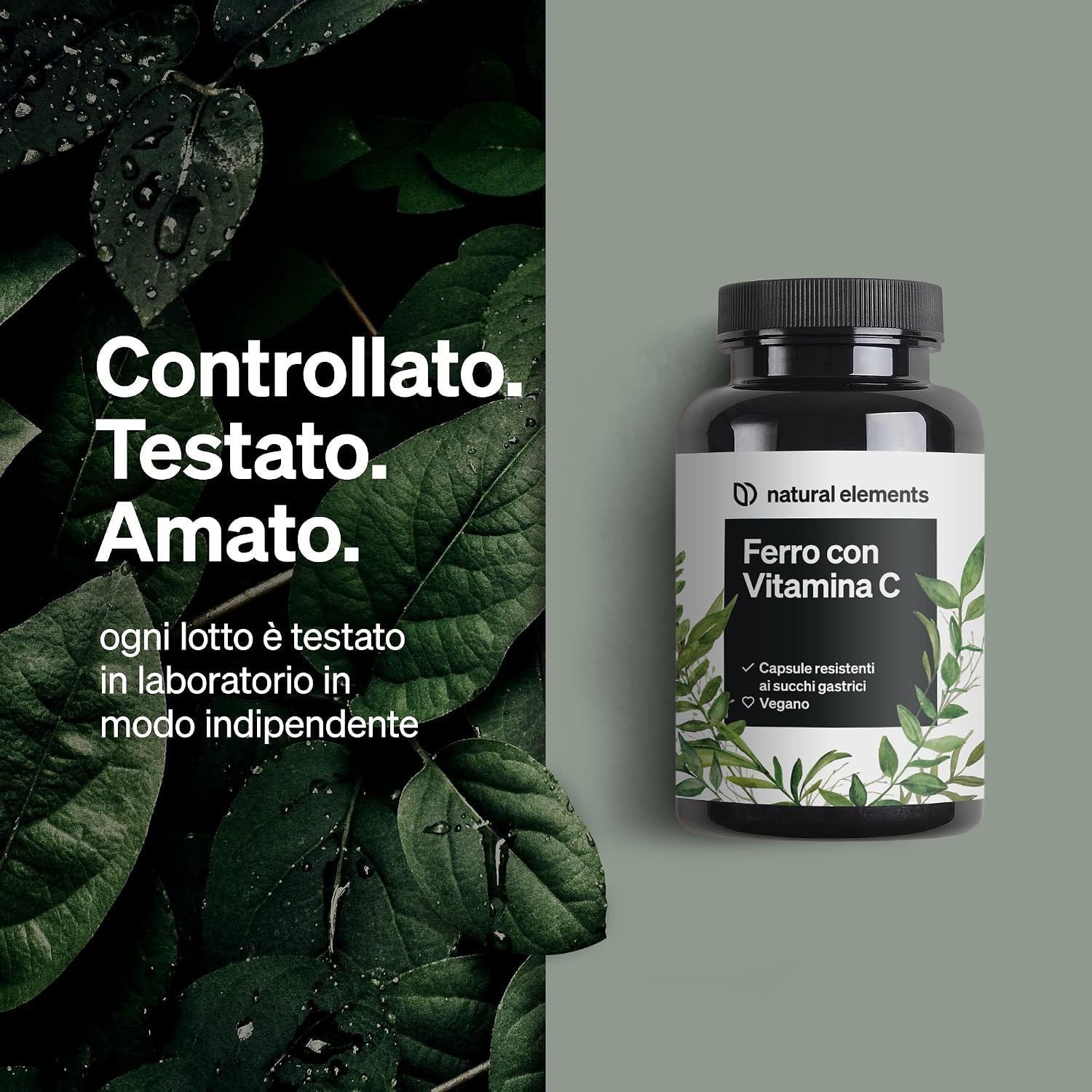 Detalle de Natural Elements Integratore Ferro 20 mg (bisglicinato ferroso) con 42 mg vitamina C naturale – 180 capsule vegane