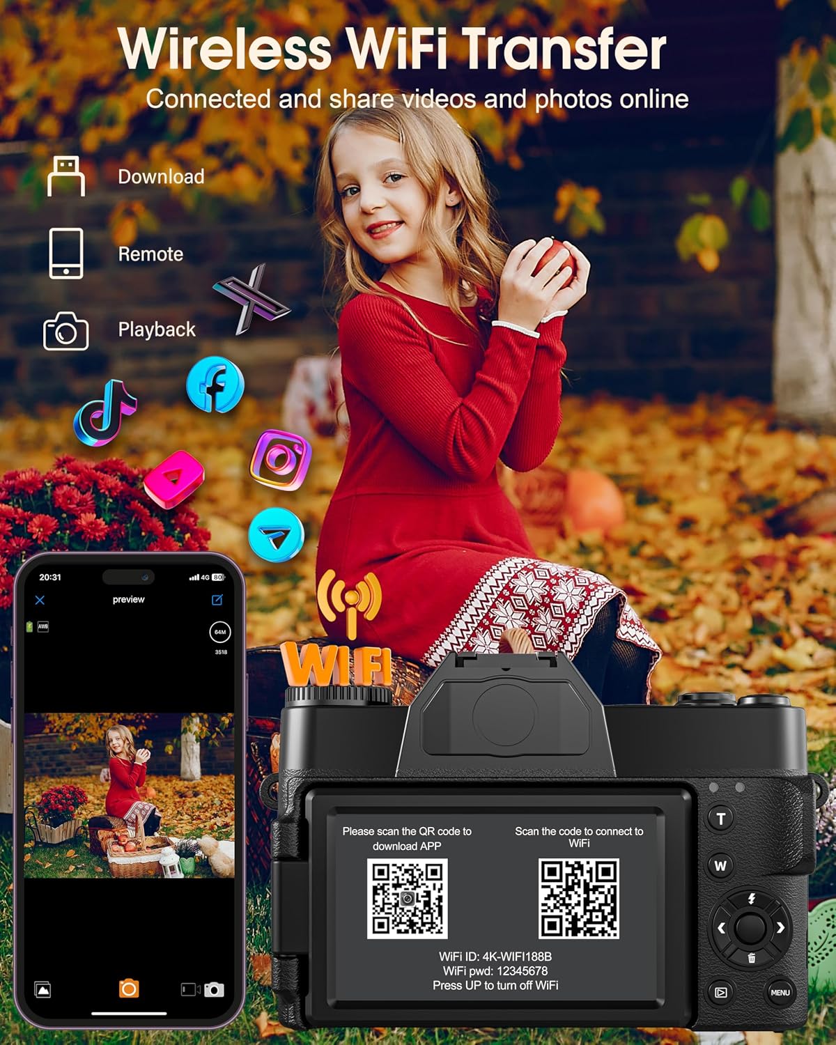 Detalle de 4K 75MP Digitalkamera mit WLAN & 180° Flip Display – kompakte Vlogging-Kamera