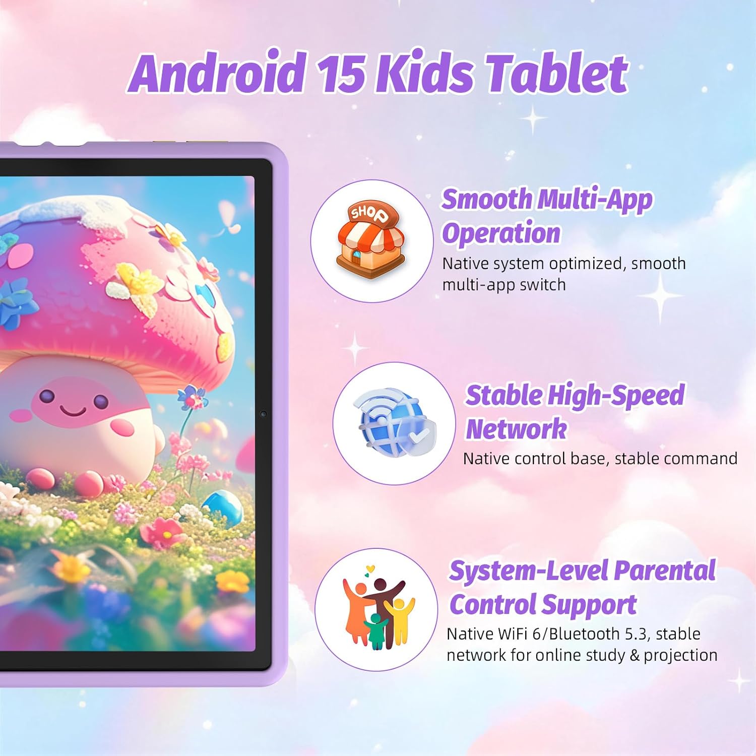 Detalle de Laptok Android 15 Kids Tablet (10 inch) with Parental Control, Face ID, WiFi 6, Purple