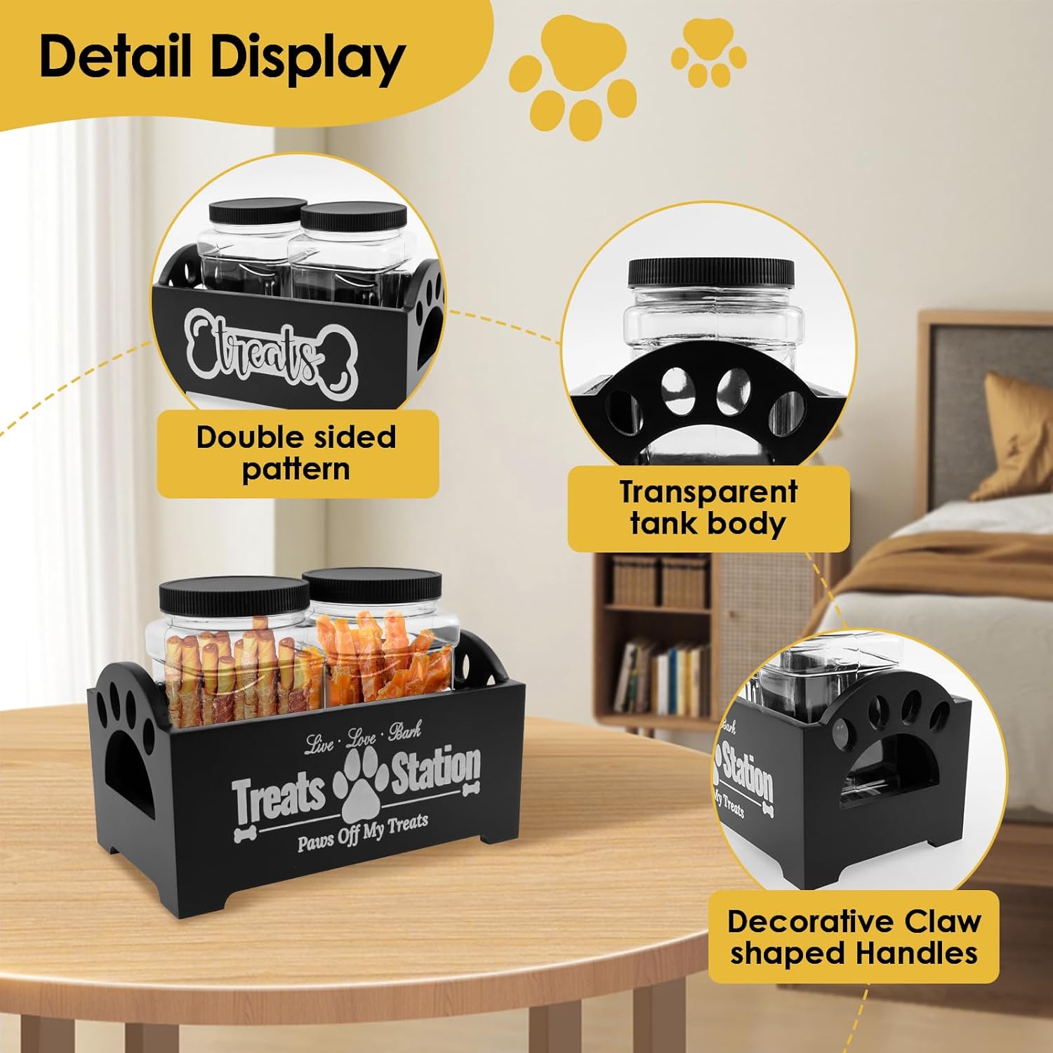Detalle de NIHUIFDPY Dog Treat Container – Farmhouse Wood Pet Food Storage with 2 Plastic Jars (Black)