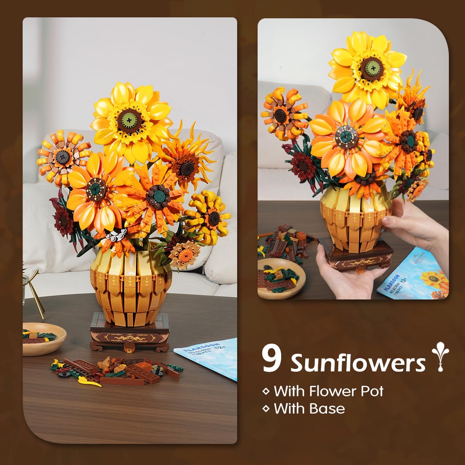 Detalle de PLAXSOON Sonnenblumen Bauspielzeugset mit Licht – 1.180-teiliger Botanical-Strauß (ab 12 Jahren)