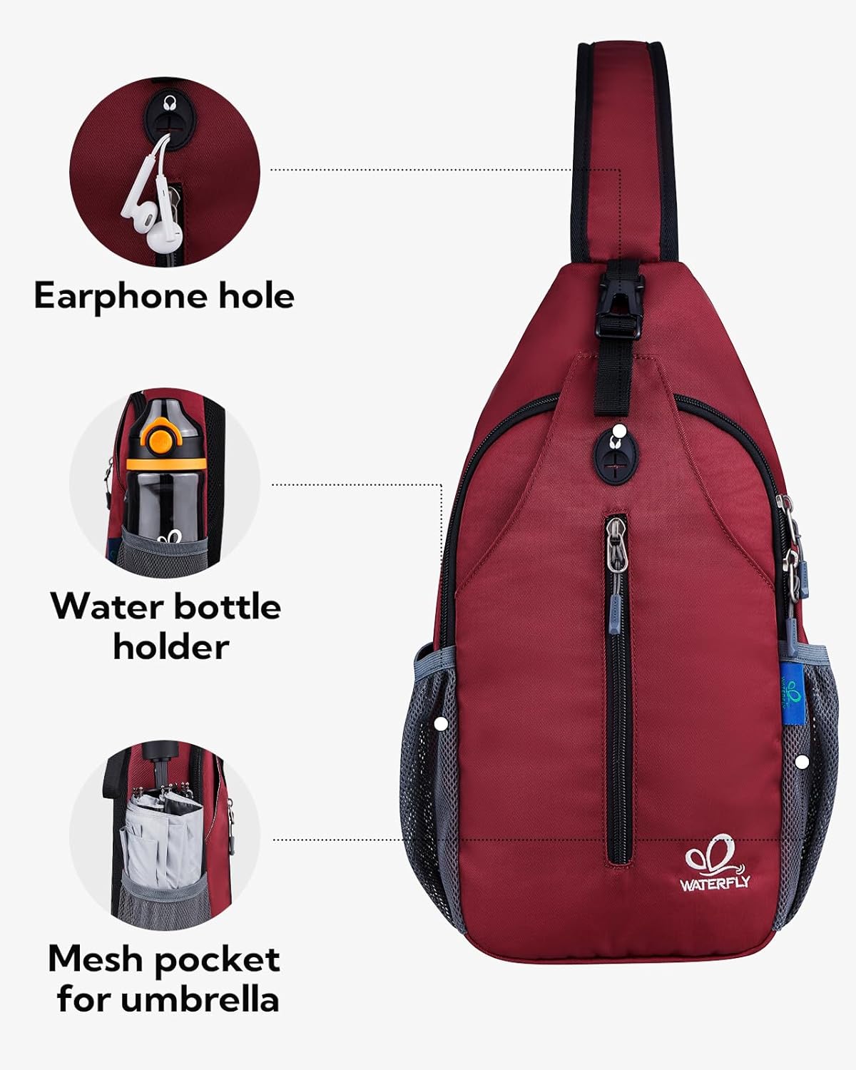 Thumbnail 3 de WATERFLY Crossbody Sling Backpack Sling Bag Travel Hiking Chest Bag Daypack (Dark Red)