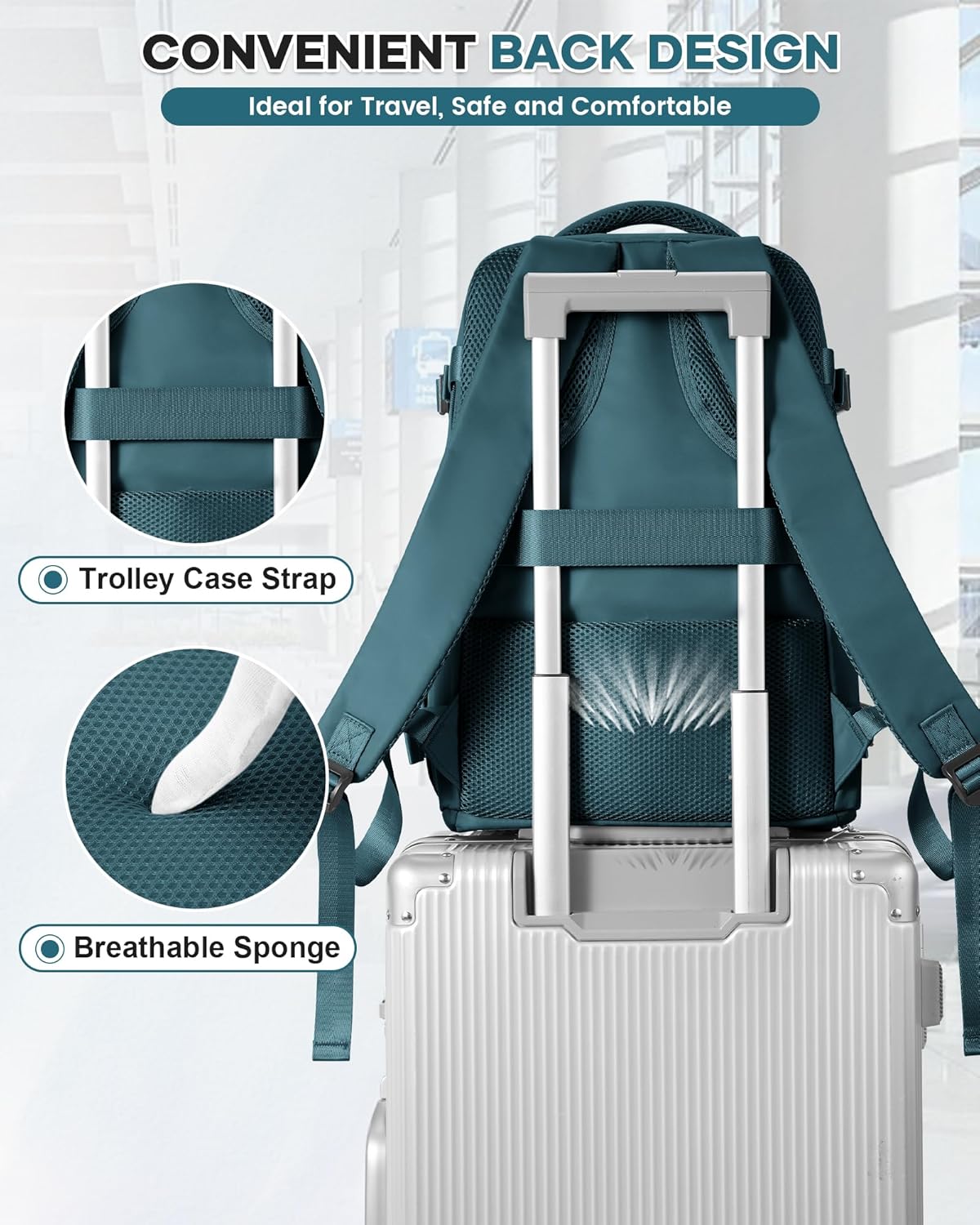 Thumbnail 6 de HPLQQ Mochila de cabina 40x30x20 para Ryanair (impermeable, apertura 180°, azul pavo real)