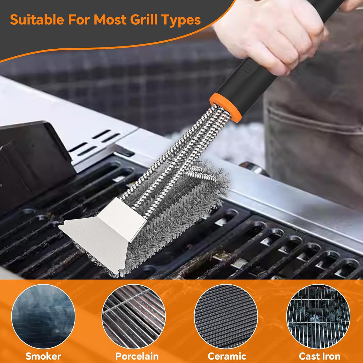 Detalle de Fixmend 2-Pack BBQ Grill Brushes, 15-Inch Stainless Steel with Scraper
