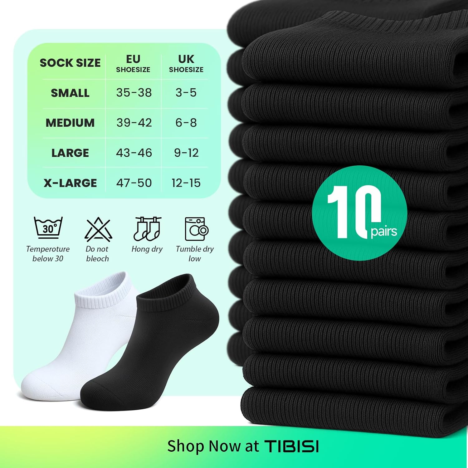 Thumbnail 4 de TIBISI trainer socks multipack (pack of 10) – breathable low-cut running and walking socks in white, black and grey