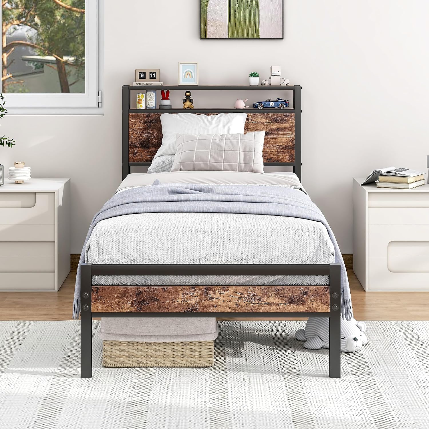 Detalle de HOJINLINERO Telaio letto 90 x 200 cm con rete a doghe e contenitore in legno
