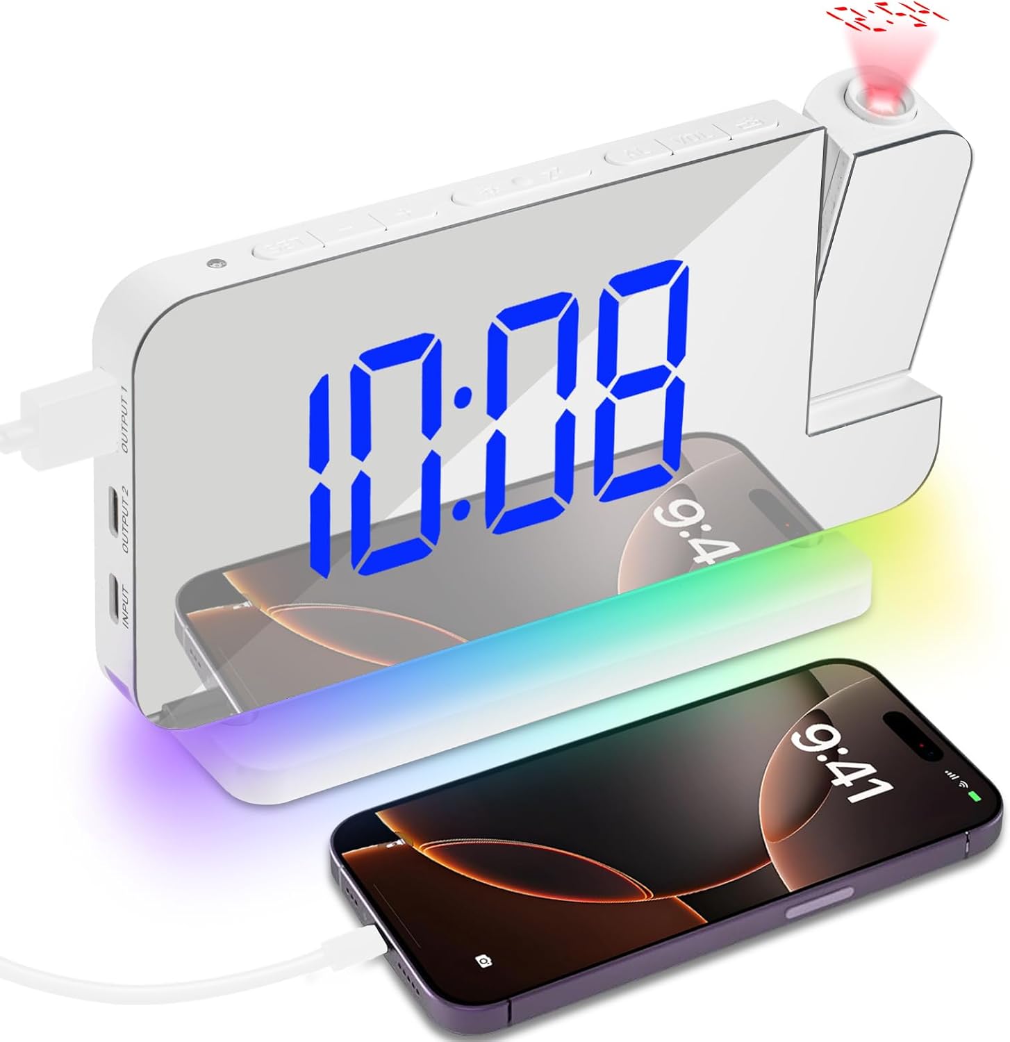 Detalle de Adiwo Réveil à Projection 180° – Horloge LED avec Projecteur au plafond et lumière ambiante RVB