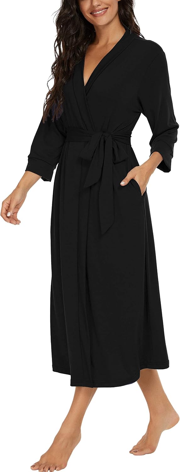 Detalle de PrinStory Damen Bademantel mit 3/4-Ärmeln, V-Ausschnitt & Kimono-Schnitt (leichter Morgenmantel)