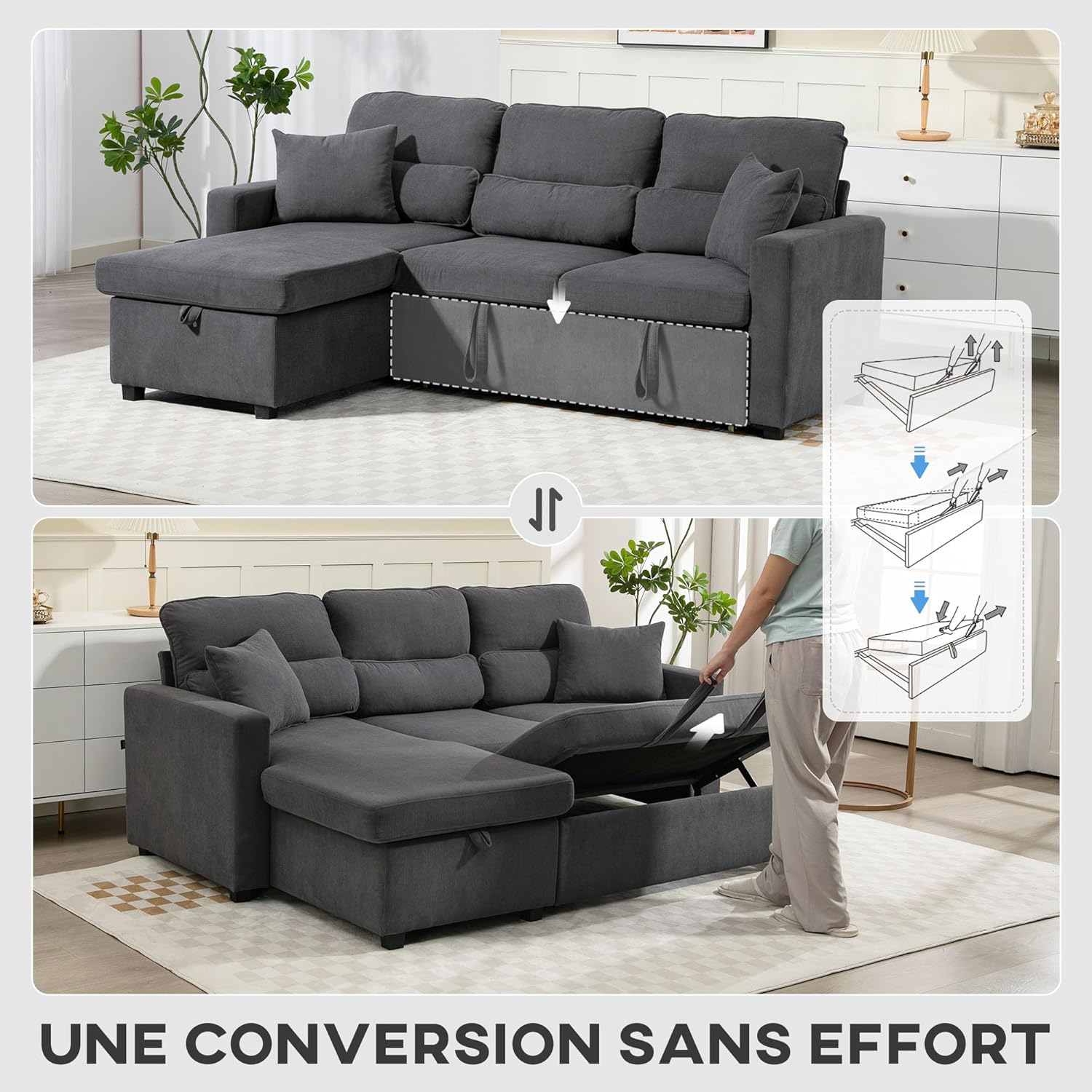 Detalle de HOMCOM Canapé d'angle Convertible Réversible en Velours Côtelé – Canapé-Lit 3 Places 205 cm avec Chaise Longue et Rangement, Gris