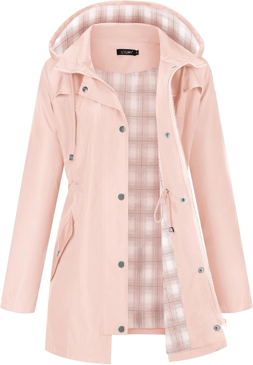 Detalle de LOMON Women Waterproof Outdoor Hiking Raincoat Hooded Rain Jacket with Plaid Lining