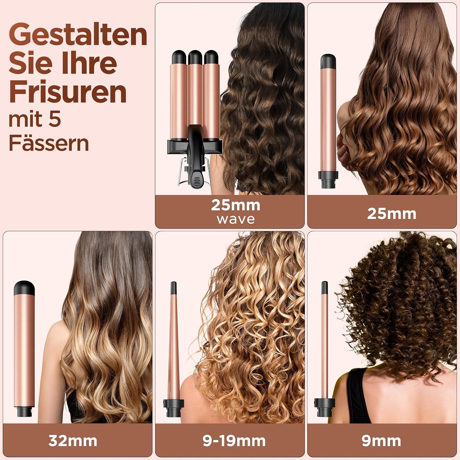 Thumbnail 2 de BESTOPE MIX Welleneisen-Set 5 in 1 mit Turmalin-Keramikfässern (32 mm, 25 mm, 9 mm, Kegel 9–19 mm, Welle)