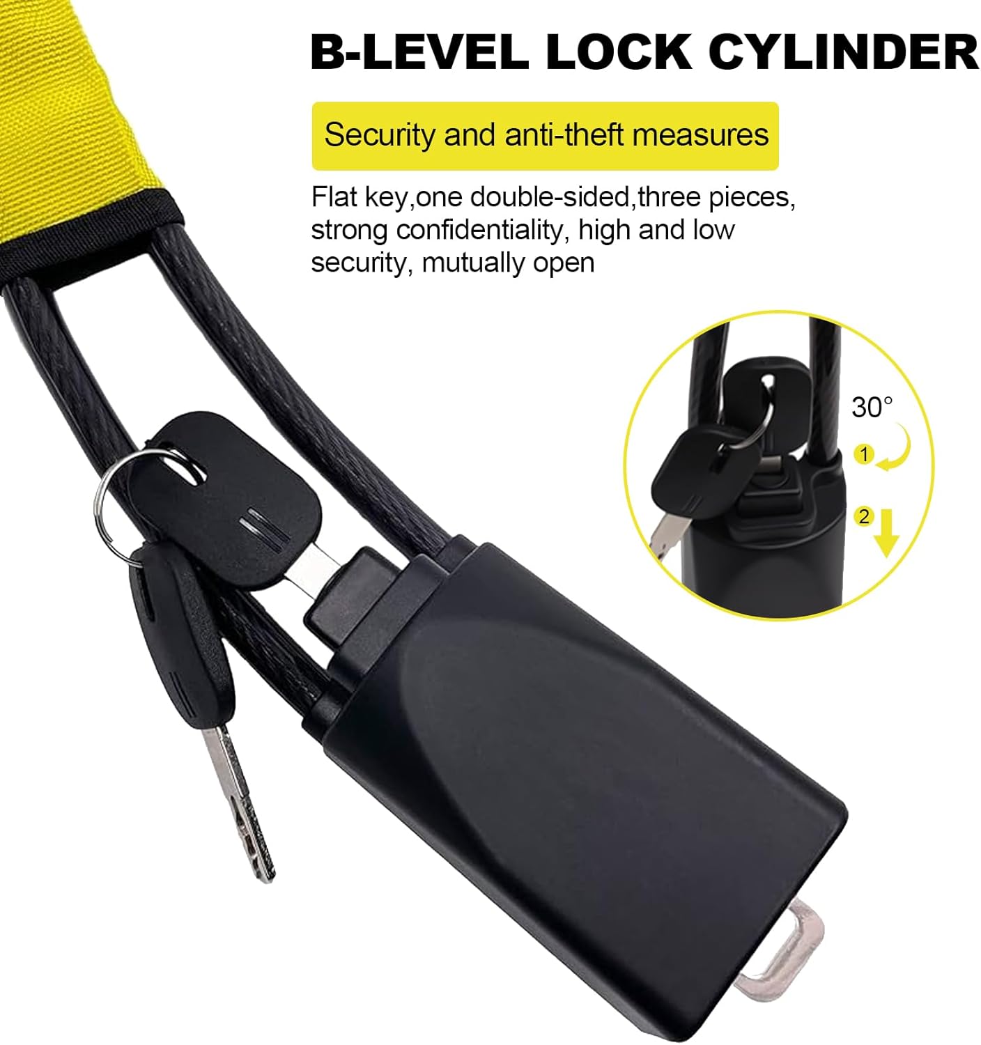 Detalle de Universal Car Steering Wheel Lock with High-Visibility Seat Belt Lock — 3 Keys, Upgraded Aluminium Head, 17" Cable, Yellow